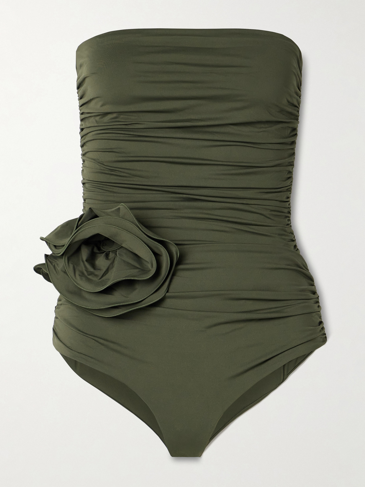 Magda Butrym Strapless Appliquéd Ruched Swimsuit In Green