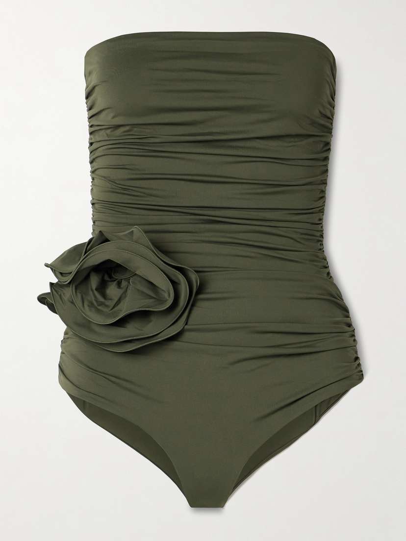 Magda Butrym Strapless Appliquéd Ruched Swimsuit