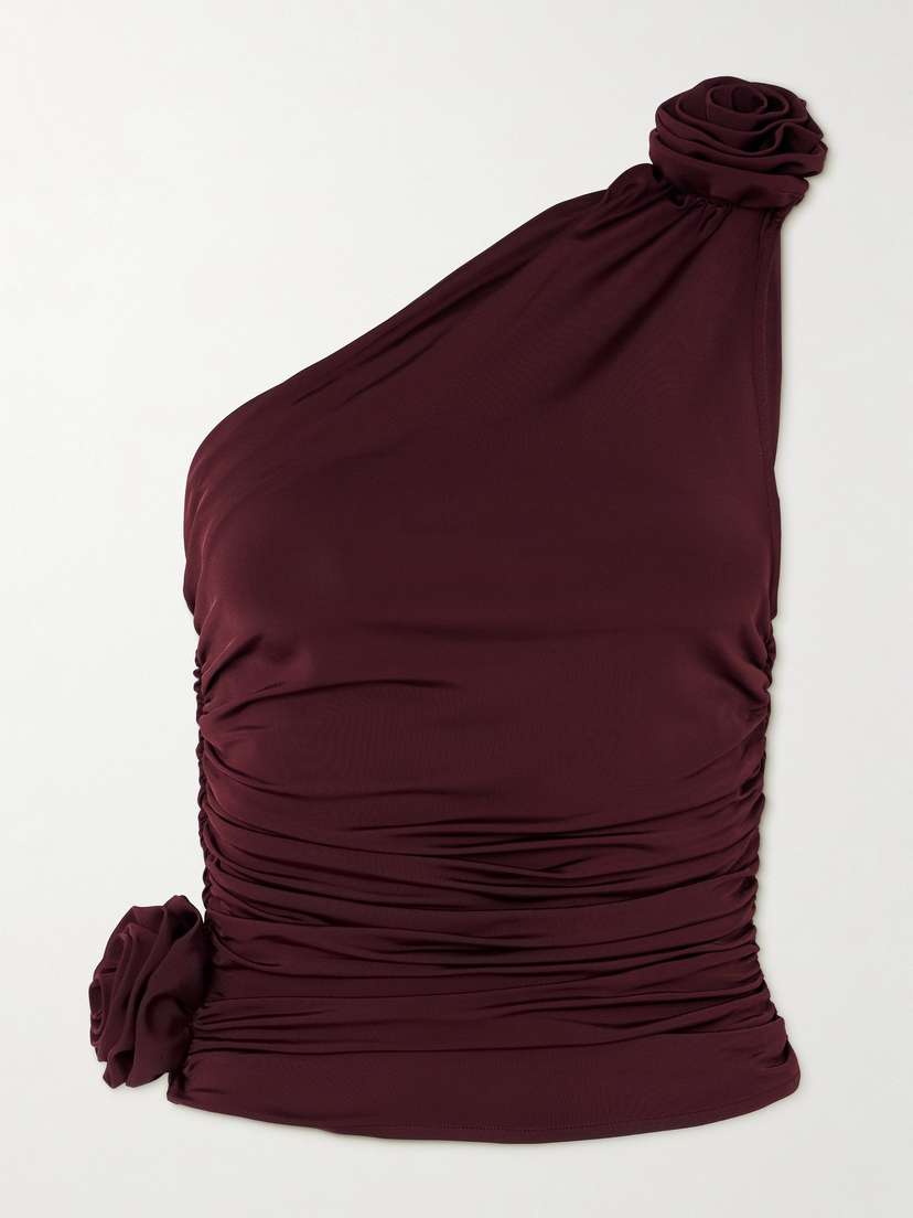 Magda Butrym One-shoulder Floral-appliquéd Ruched Satin-jersey Top