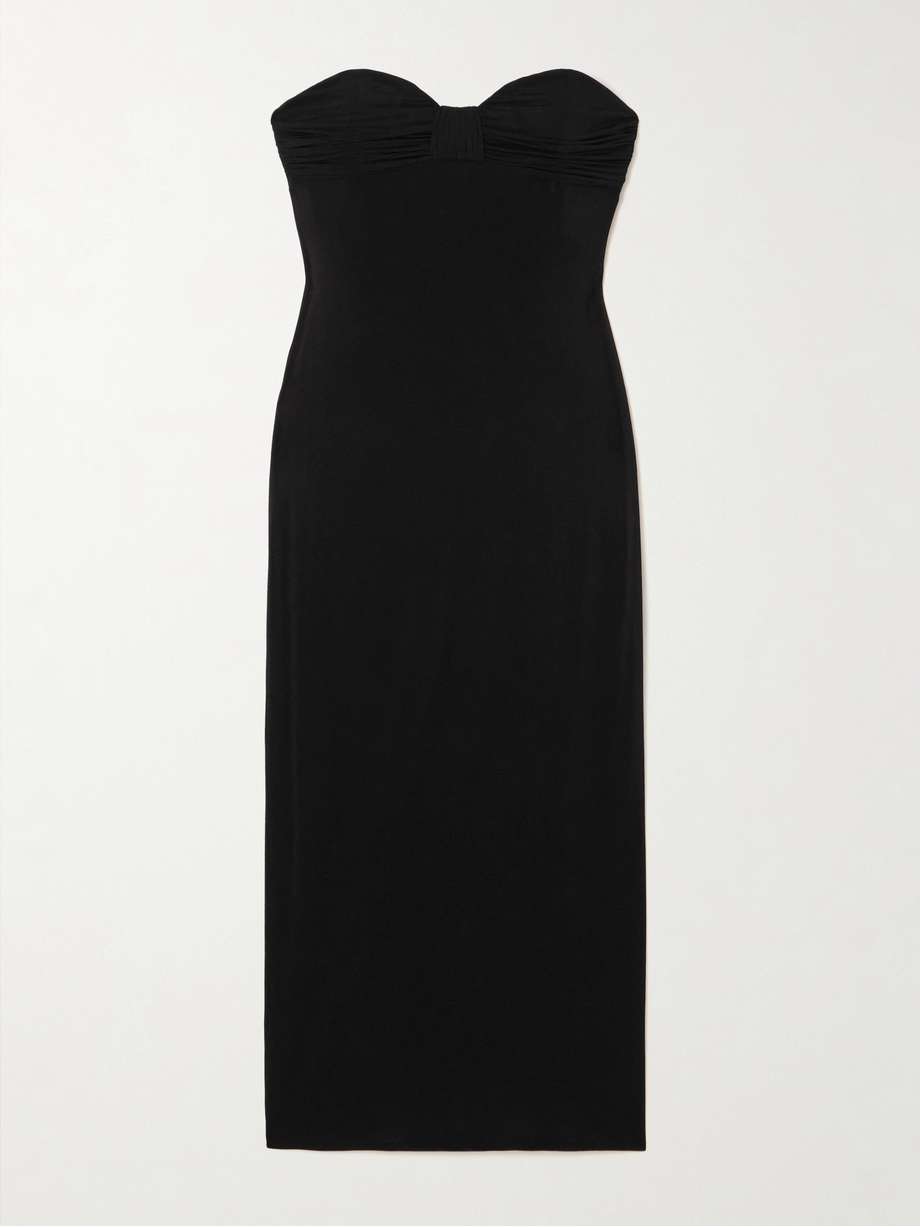 strapless gathered jersey midi dress