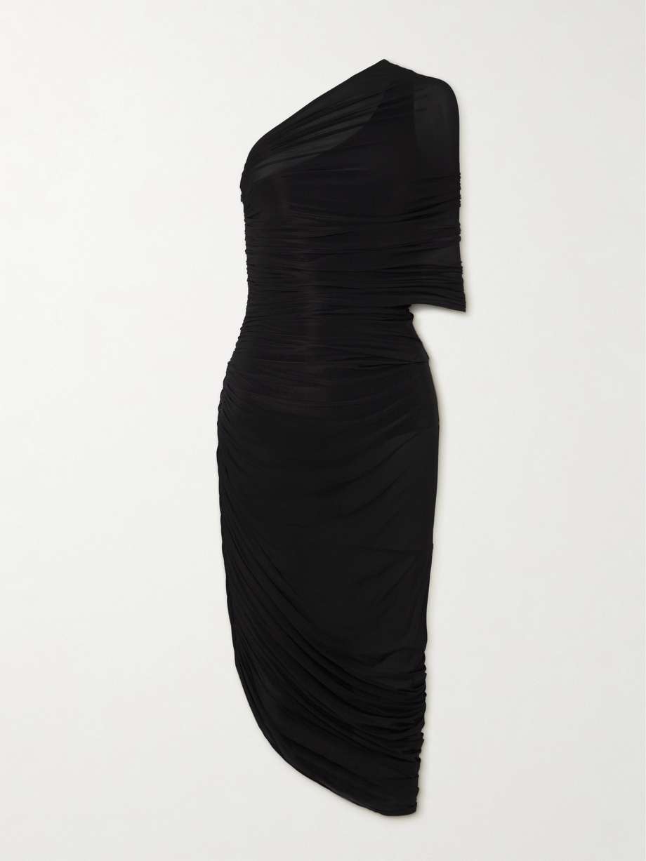asymmetric ruched stretch-jersey midi dress