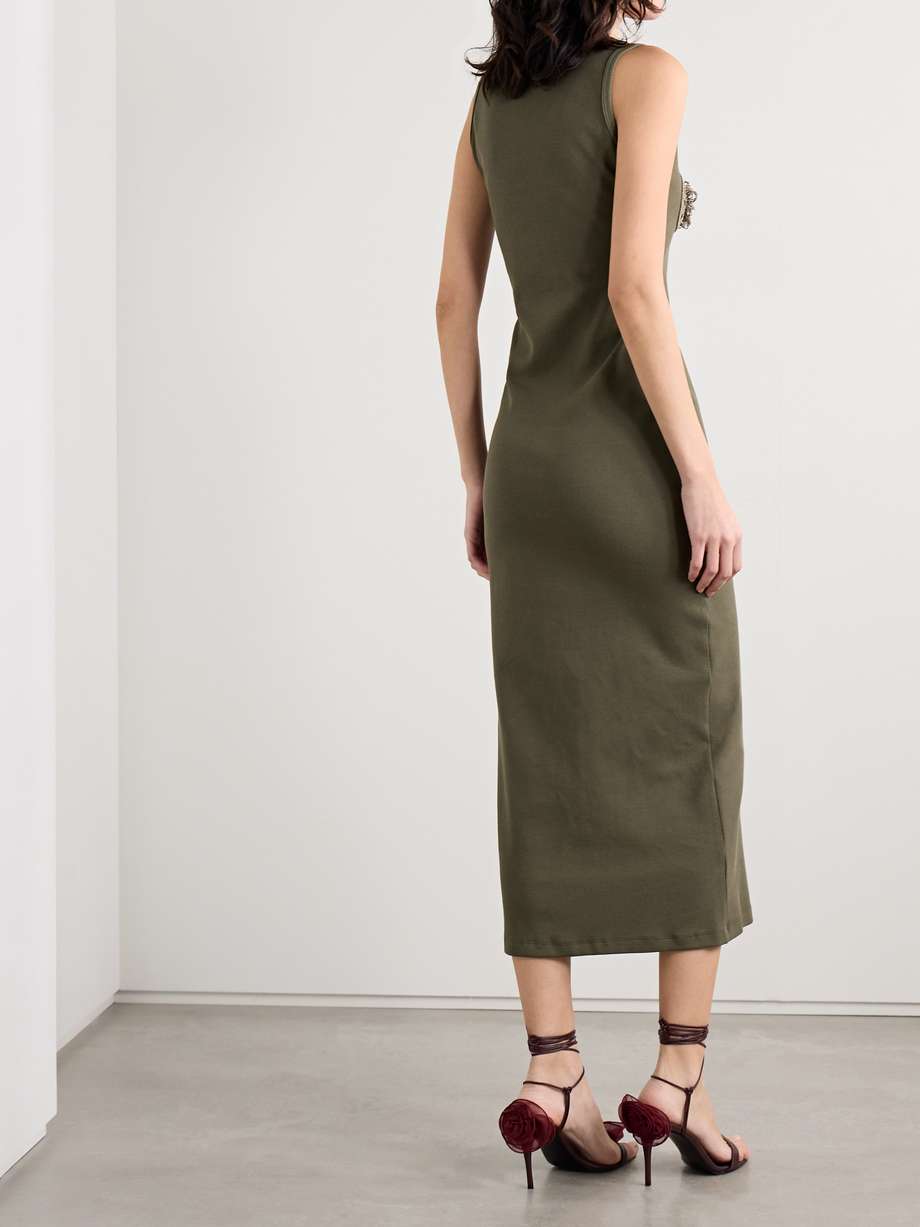 crochet-trimmed ribbed cotton-blend jersey midi dress