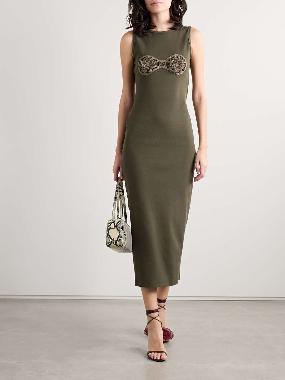 crochet-trimmed ribbed cotton-blend jersey midi dress
