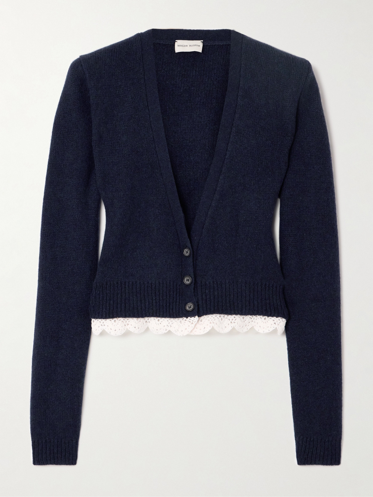 Magda Butrym Cropped Crochet-trimmed Cashmere Cardigan In Blue