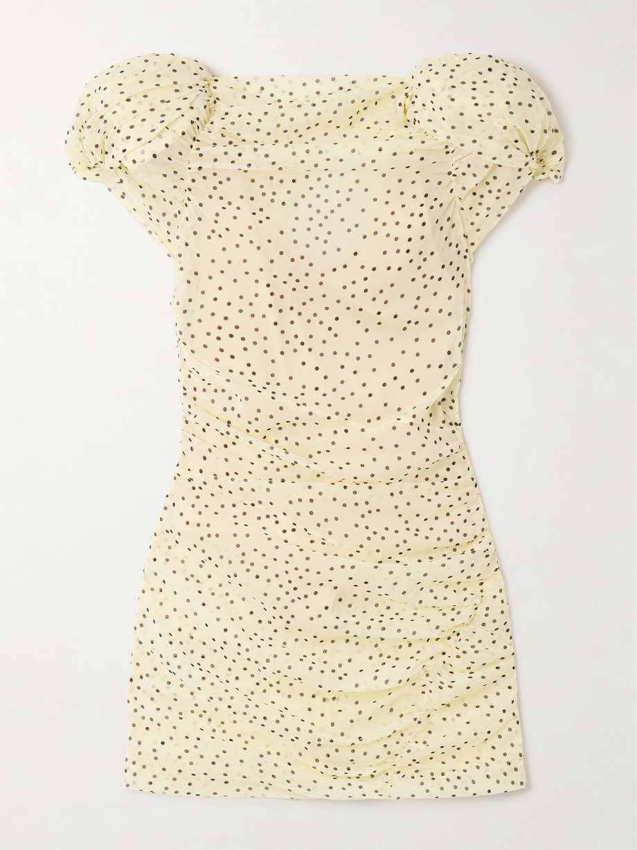 ruched polka-dot silk-blend chiffon mini dress