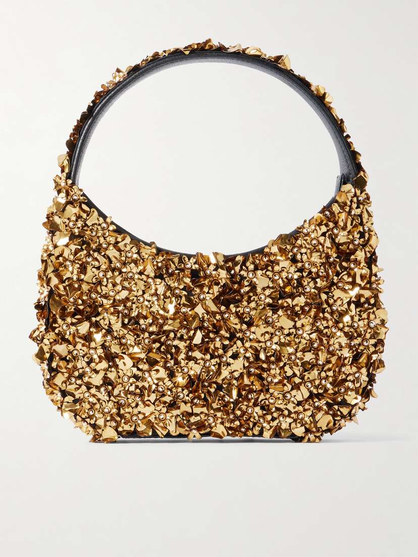 Clio Peppiatt Midas Embellished Faux Leather-trimmed Cotton-twill Shoulder Bag