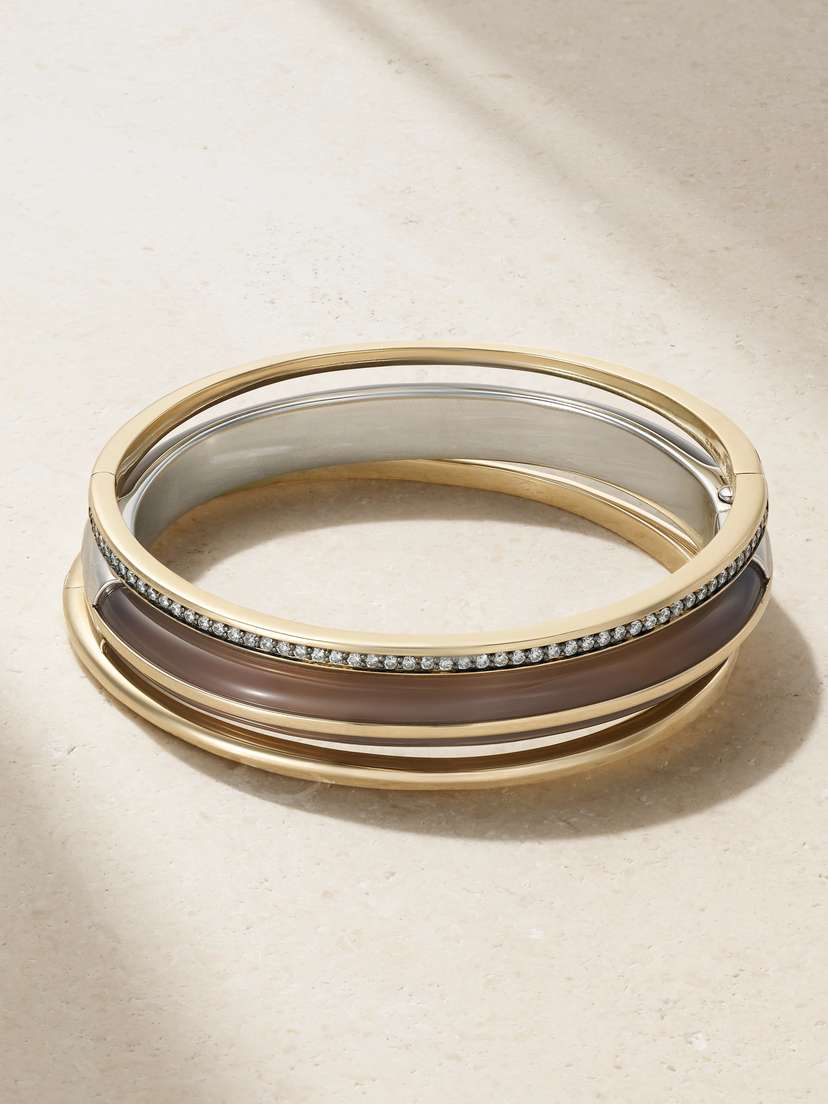 By Pariah Classic Stack Set Of Three 14-karat Recycled Gold, Sterling Silver, Diaond And Agate Bracelets