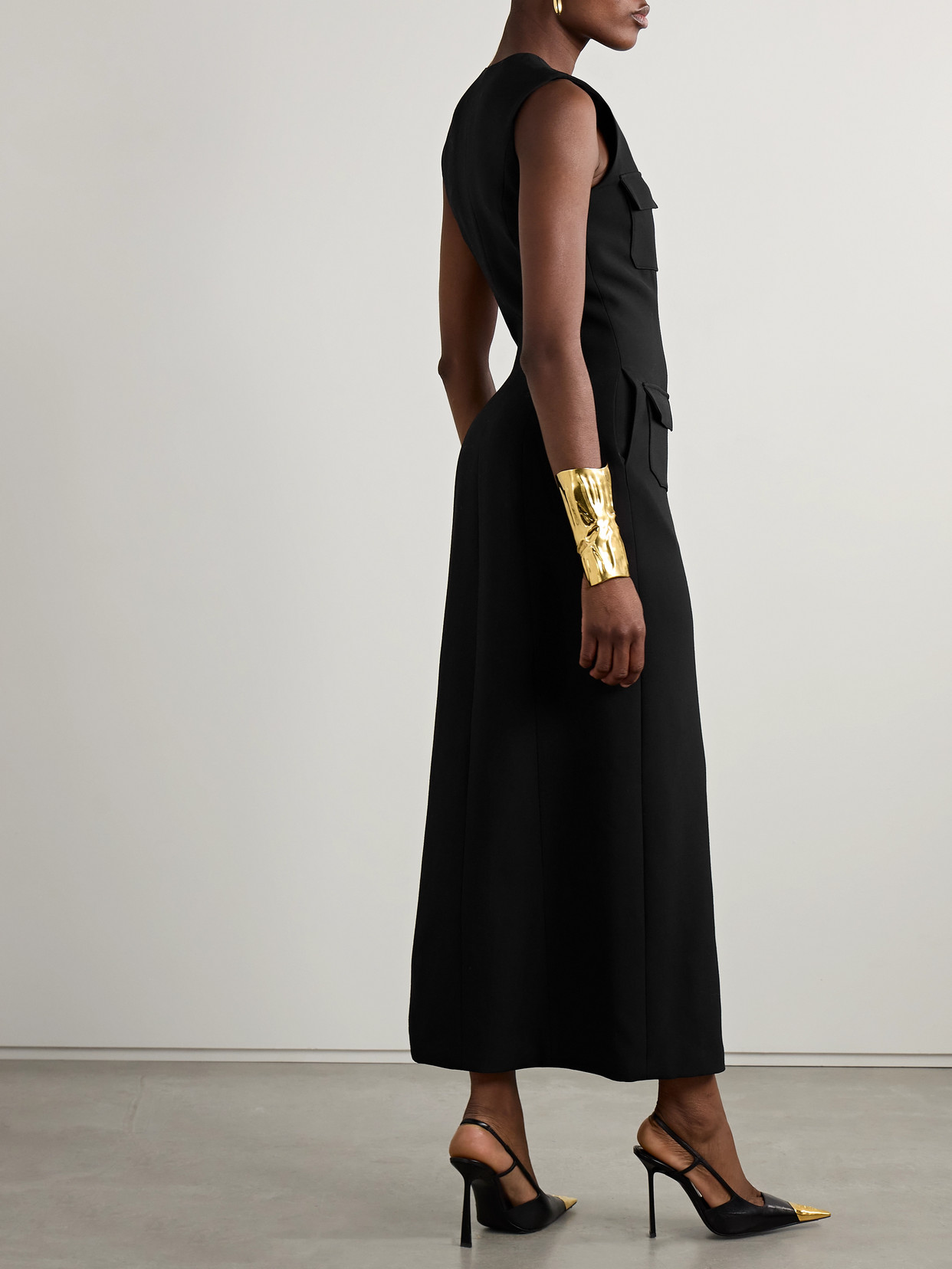 Brandon Maxwell The Corinne Button-detailed Wool-silk Crepe Midi Sheath Dress In Black