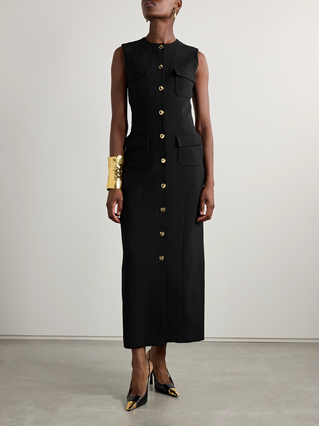 Brandon Maxwell The Corinne Button-detailed Wool-silk Crepe Midi Sheath Dress In Black