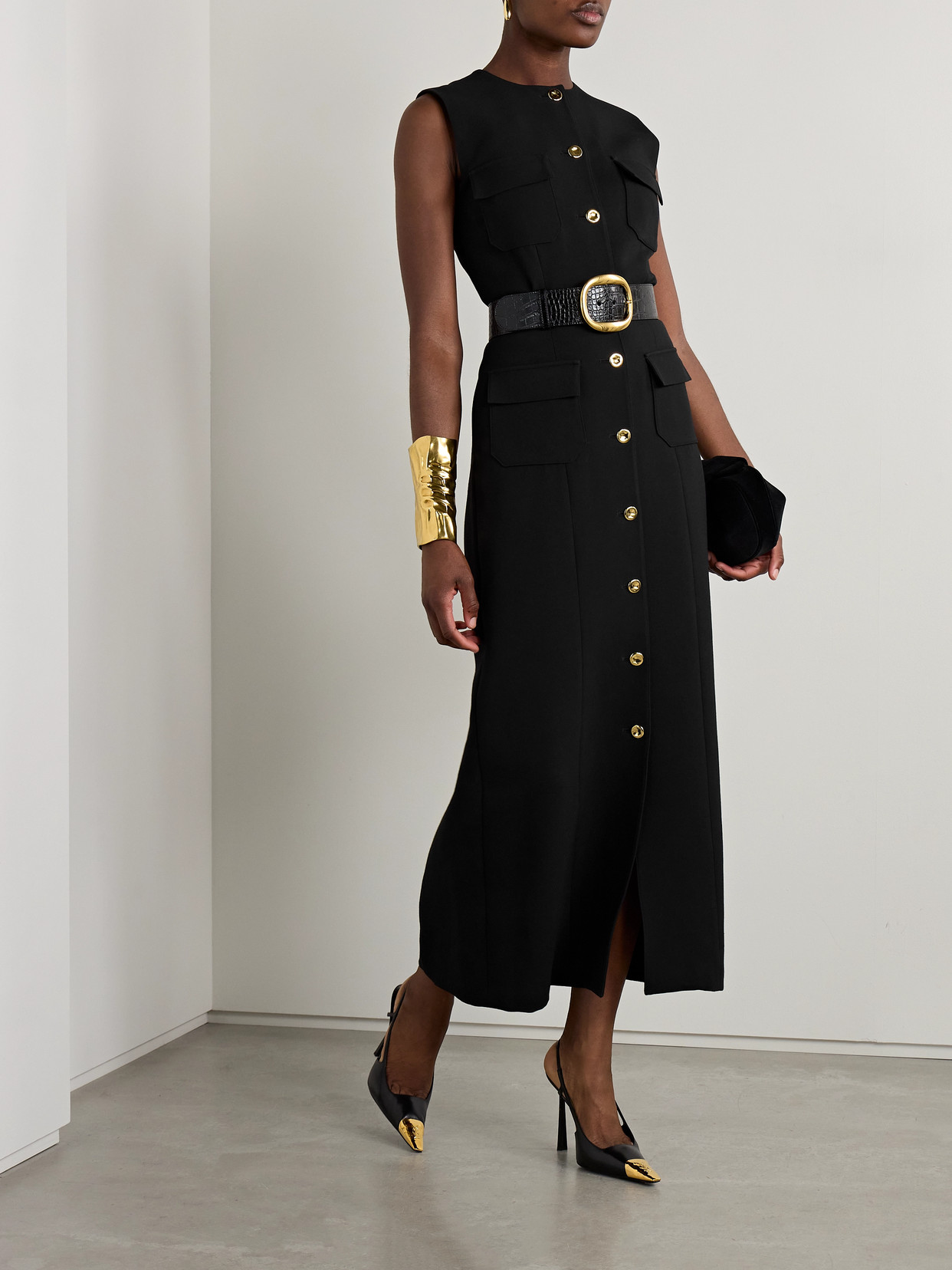 Brandon Maxwell The Corinne Button-detailed Wool-silk Crepe Midi Sheath Dress In Black