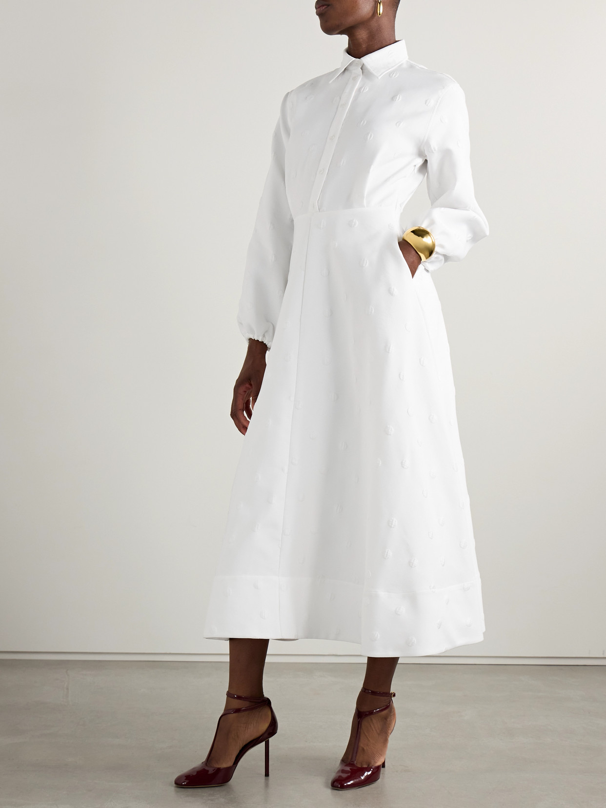 Brandon Maxwell The Maggie Polka-dot Jacquard Midi Shirt Dress In White
