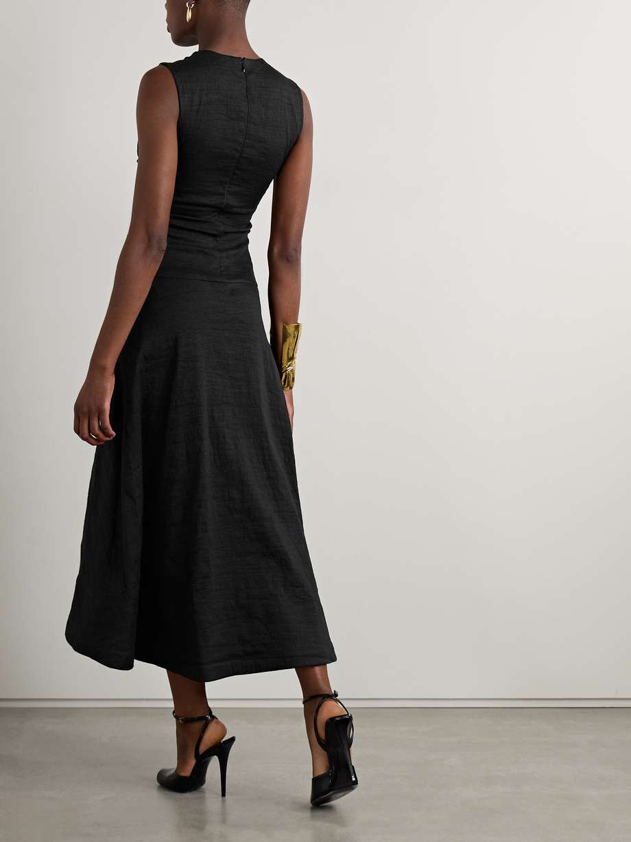 the finley ruched linen-blend midi dress