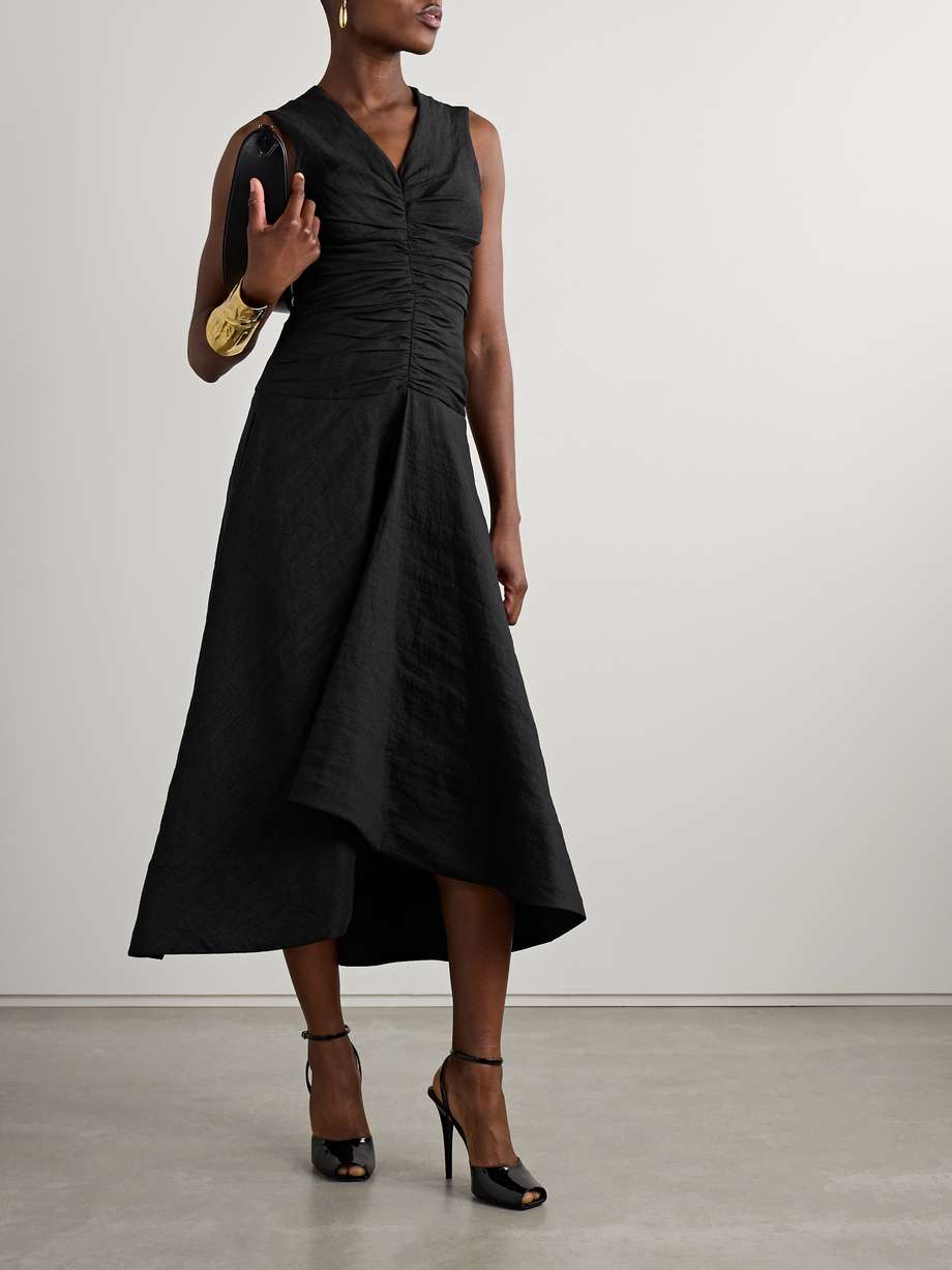 the finley ruched linen-blend midi dress