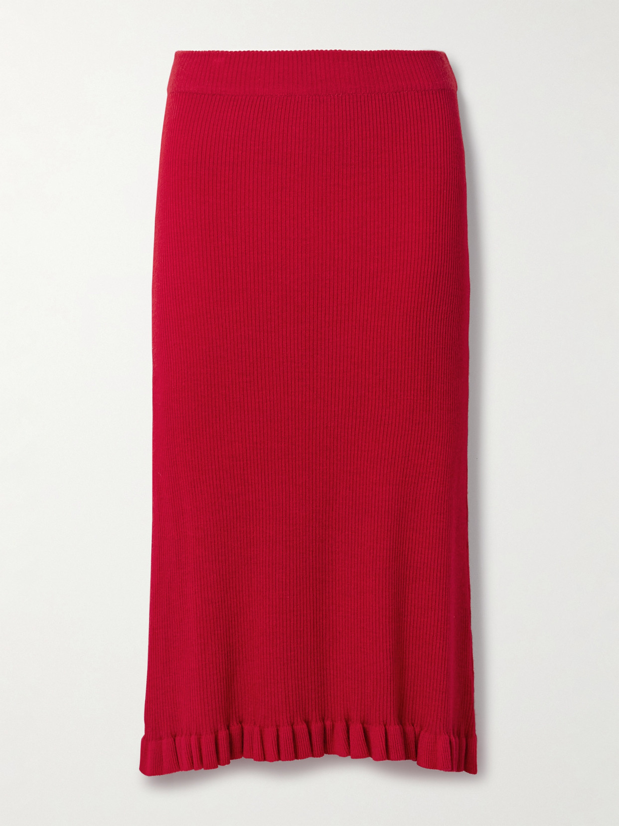 Brandon Maxwell The Grace Asymmetric Ruffled Ribbed Cashmere Midi Skirt In Red