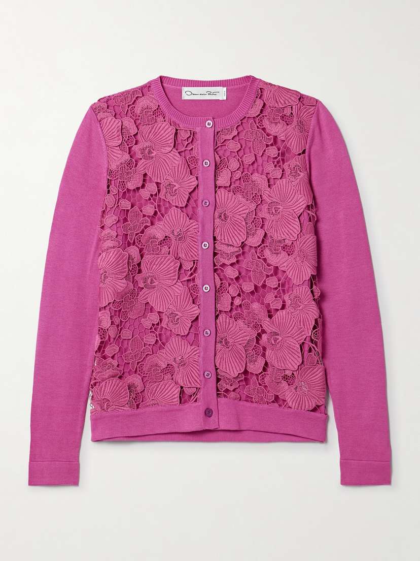 Oscar de la Renta Guipure Lace-paneled Silk-blend Cardigan