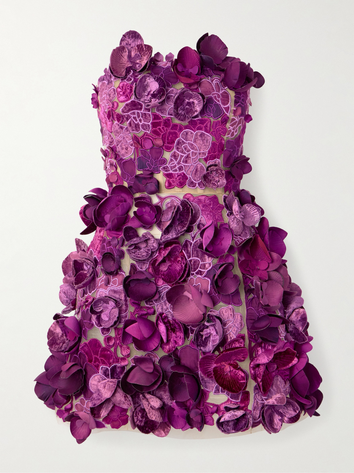 Oscar De La Renta Strapless Floral-appliquéd Mesh Mini Dress In Purple