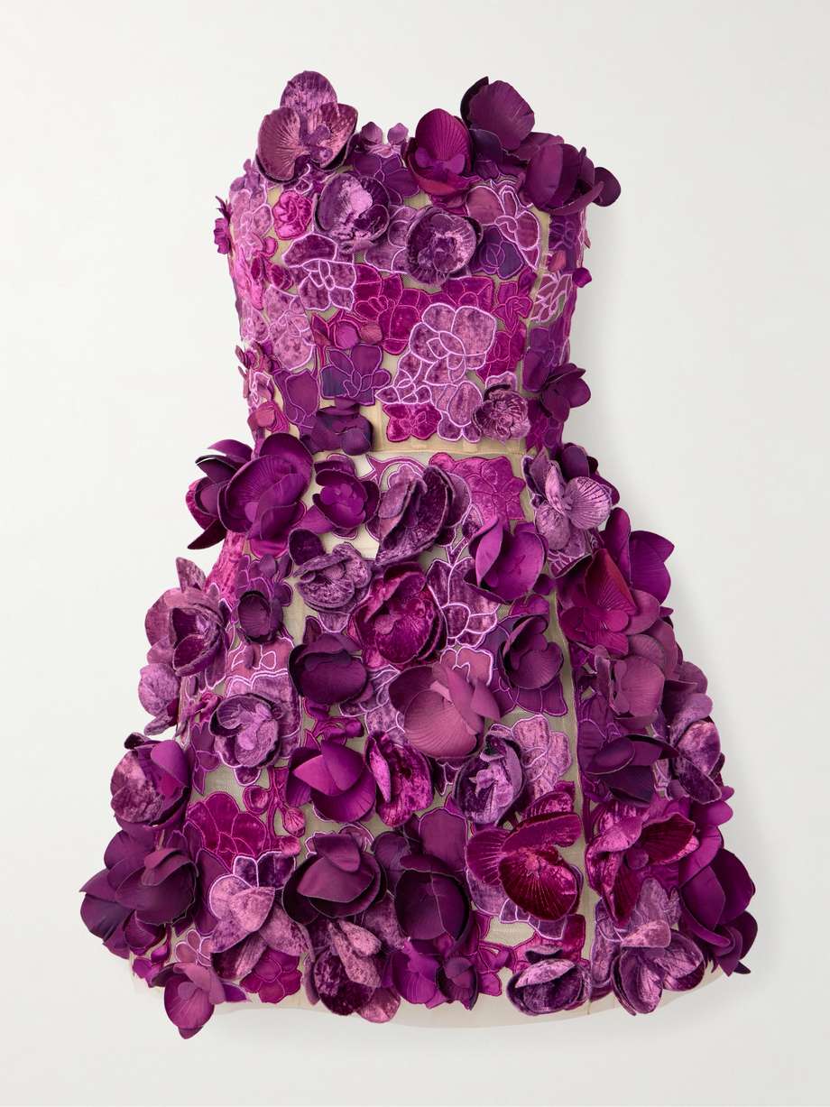 strapless floral-appliquéd mesh mini dress