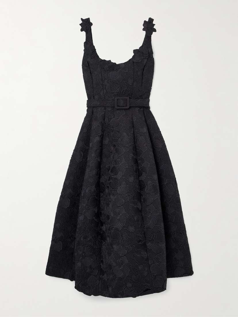 Oscar de la Renta Belted Appliquéd Guipure Lace And Silk-blend Crepe Midi Dress