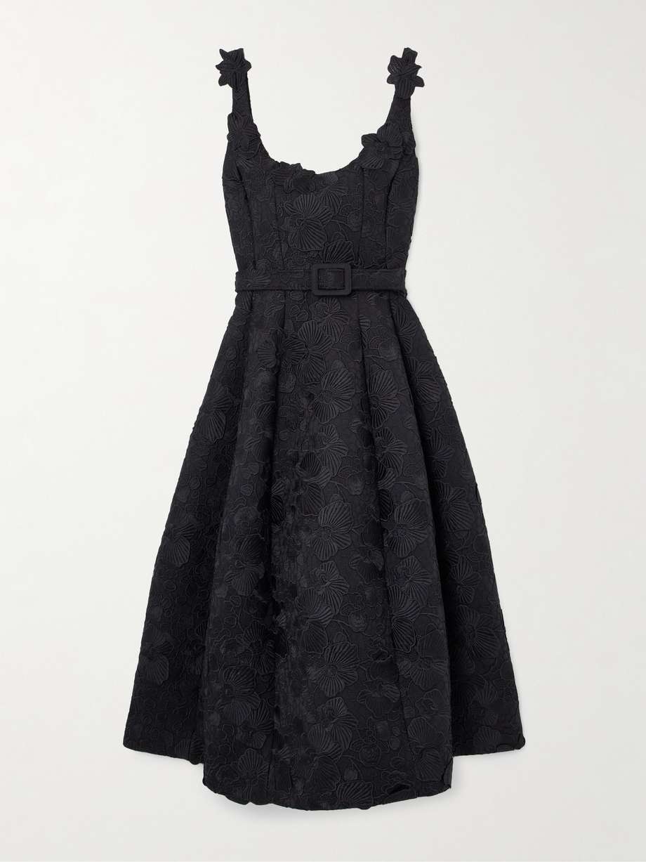 belted appliquéd guipure lace and silk-blend crepe midi dress