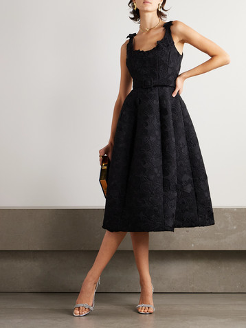 Oscar de la Renta Belted appliquéd guipure lace and silk-blend crepe midi dress
