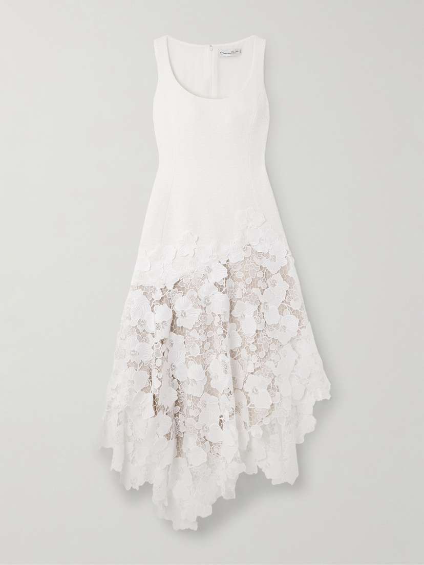 Oscar de la Renta Asymmetric Cotton And Wool-blend Bouclé And Guipure Lace Dress