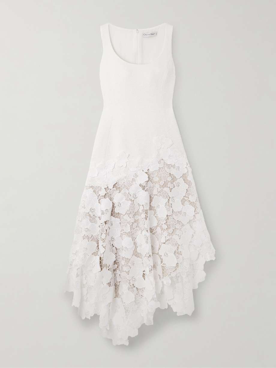 asymmetric cotton and wool-blend bouclé and guipure lace dress