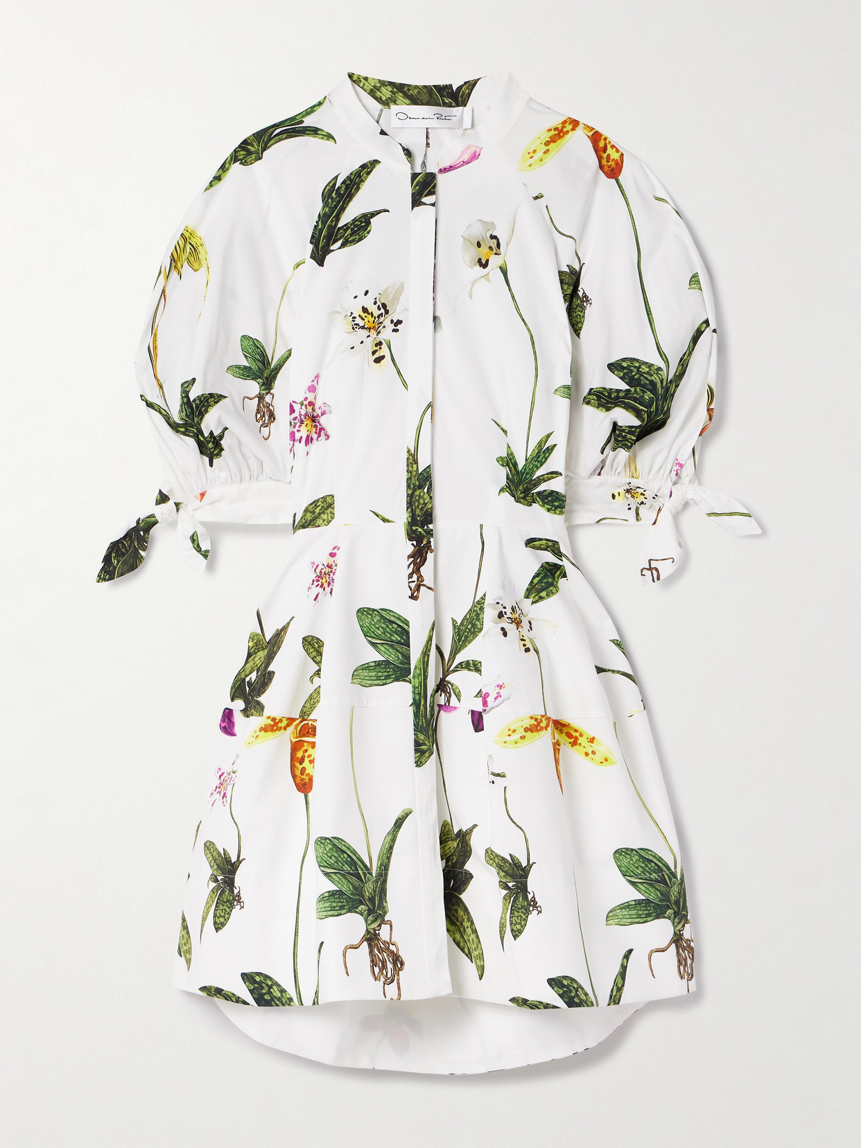 Oscar De La Renta Puff Sleeve Open Back Button Front Orchid Poplin Dress In White
