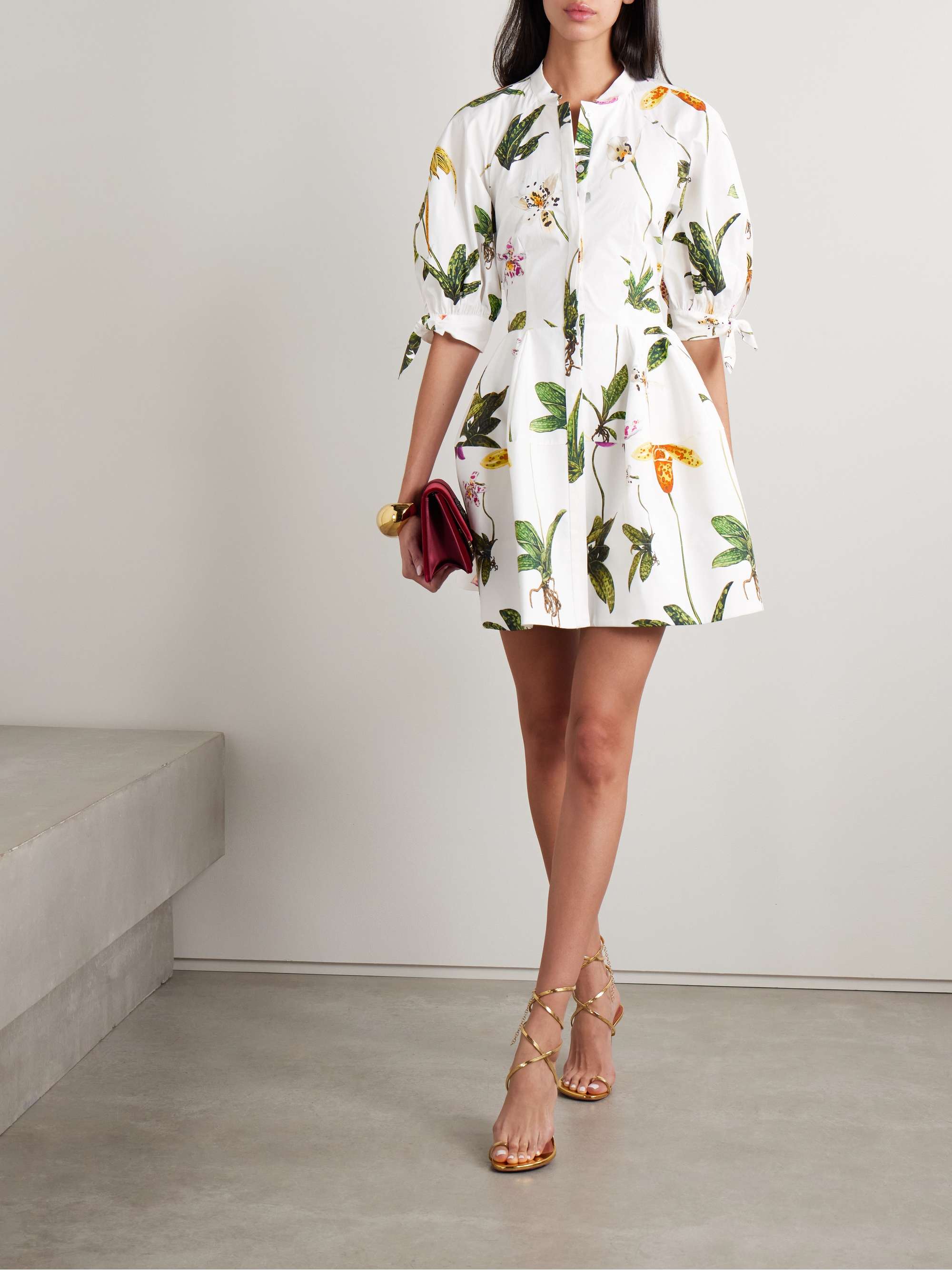 Floral print cotton blend poplin mini shirt dress white US2