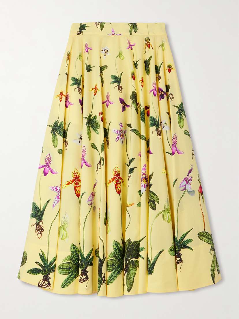 Oscar de la Renta Floral-print Cotton-blend Poplin Midi Skirt