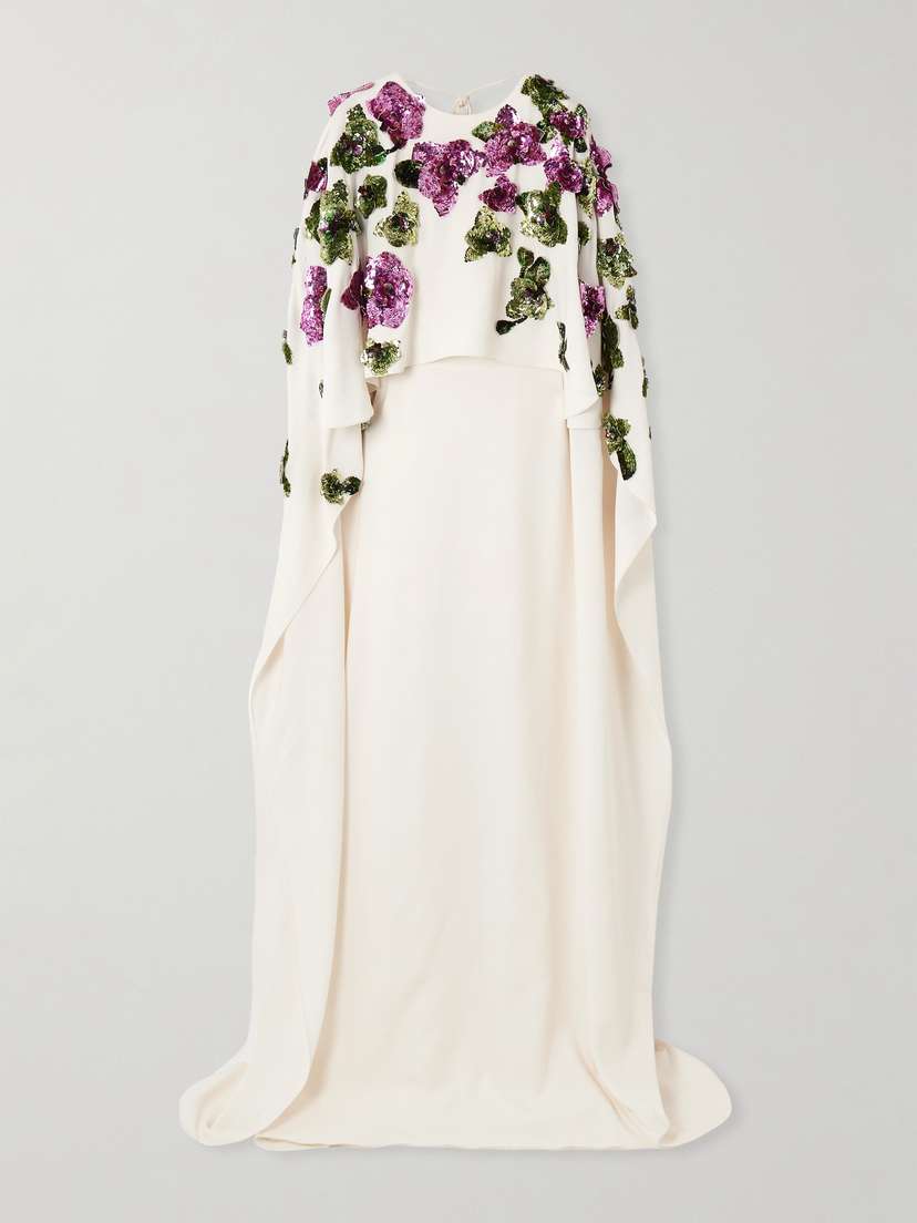 Oscar de la Renta Cape-effect Sequin-embellished Stretch-silk Georgette Gown