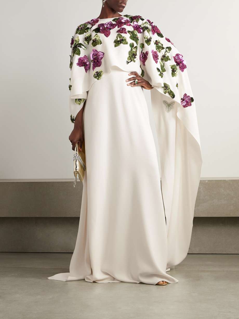 cape-effect sequin-embellished stretch-silk georgette gown