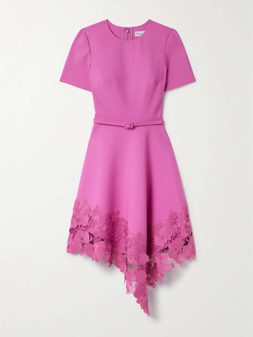 Oscar de la Renta Belted Asymmetric Guipure Lace-trimmed Wool-blend Dress