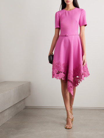 Oscar de la Renta Belted asymmetric guipure lace-trimmed wool-blend dress