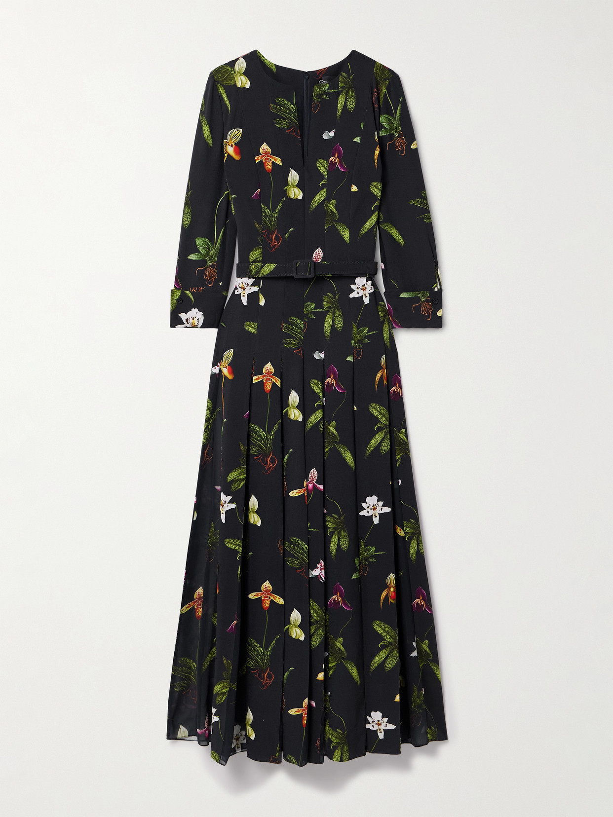 Oscar de la Renta - Belted Pleated Floral-print Cady Maxi Dress - Blue