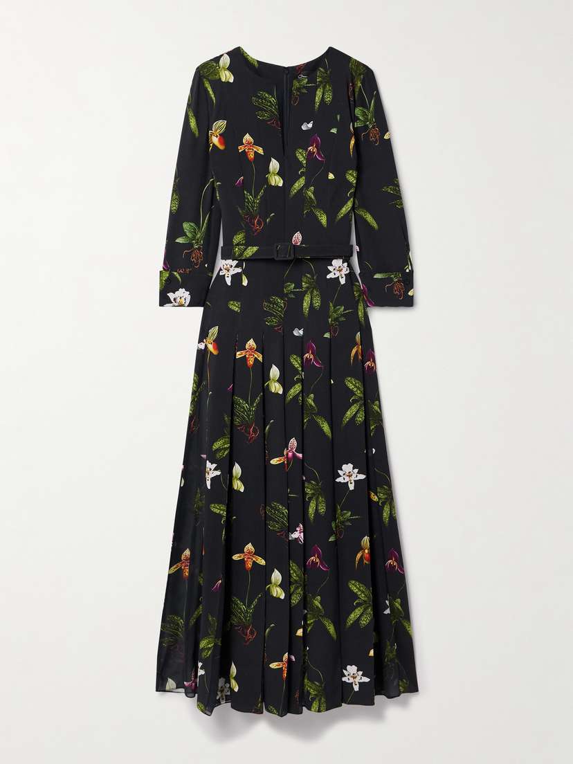 Oscar de la Renta Belted Pleated Floral-print Cady Maxi Dress