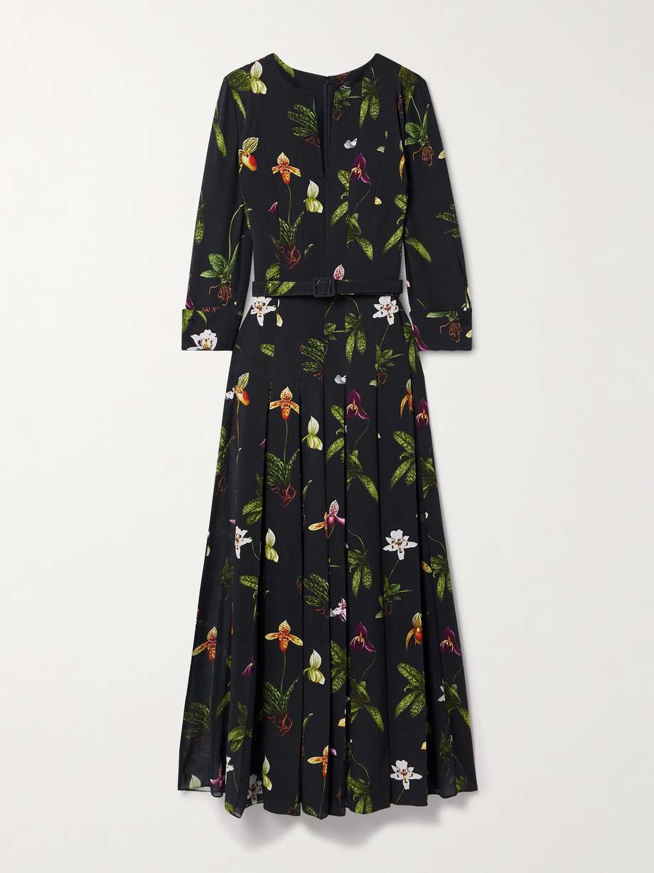 belted pleated floral-print cady maxi dress