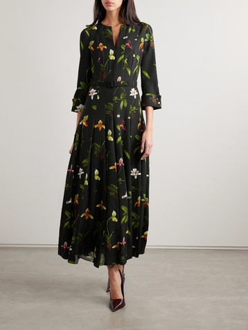 Oscar de la Renta Belted pleated floral-print cady maxi dress