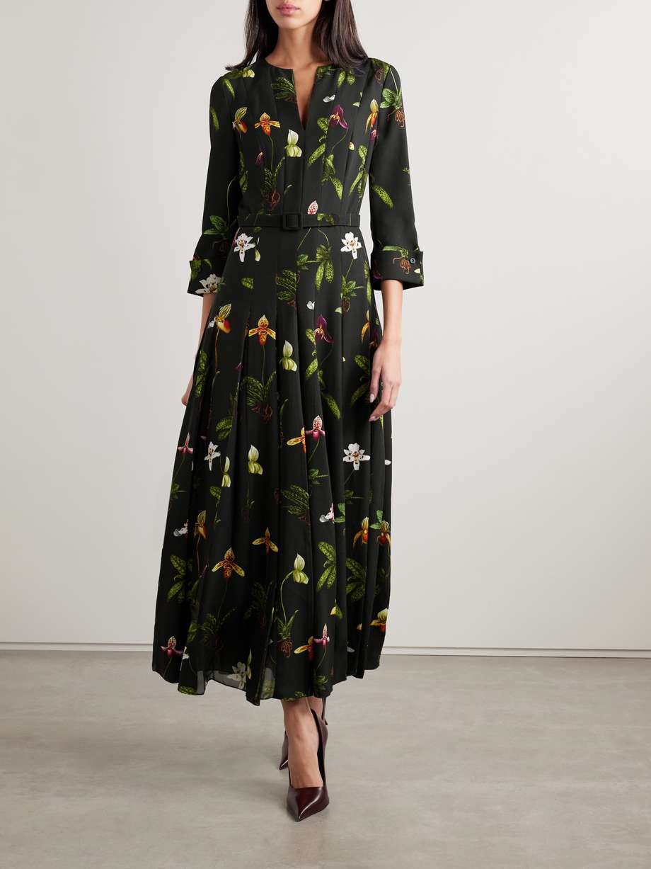 belted pleated floral-print cady maxi dress