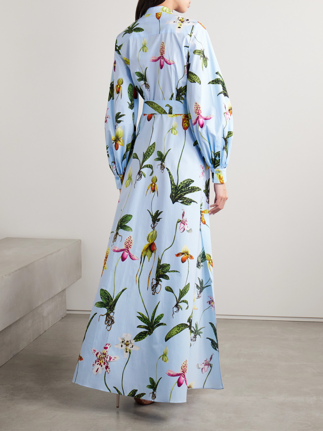 Oscar De La Renta Belted Floral-print Cotton-blend Poplin Maxi Shirt Dress In Blue