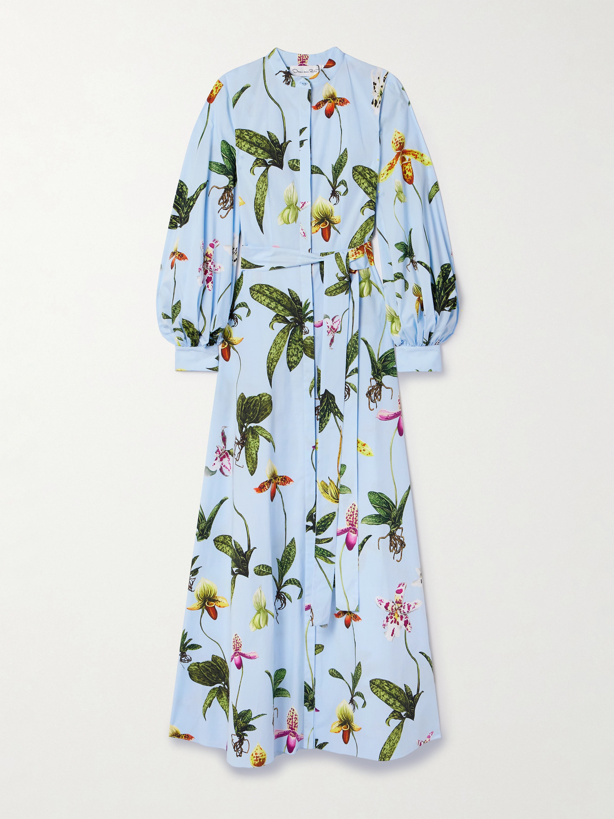 Oscar De La Renta Belted Floral-print Cotton-blend Poplin Maxi Shirt Dress In Blue