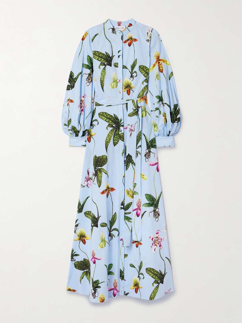Oscar de la Renta Belted Floral-print Cotton-blend Poplin Maxi Shirt Dress