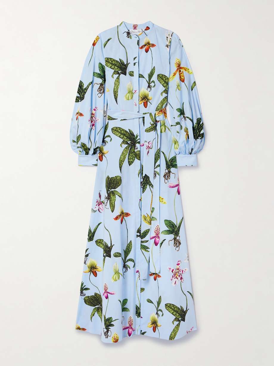 belted floral-print cotton-blend poplin maxi shirt dress