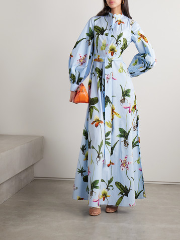 Oscar de la Renta Belted floral-print cotton-blend poplin maxi shirt dress
