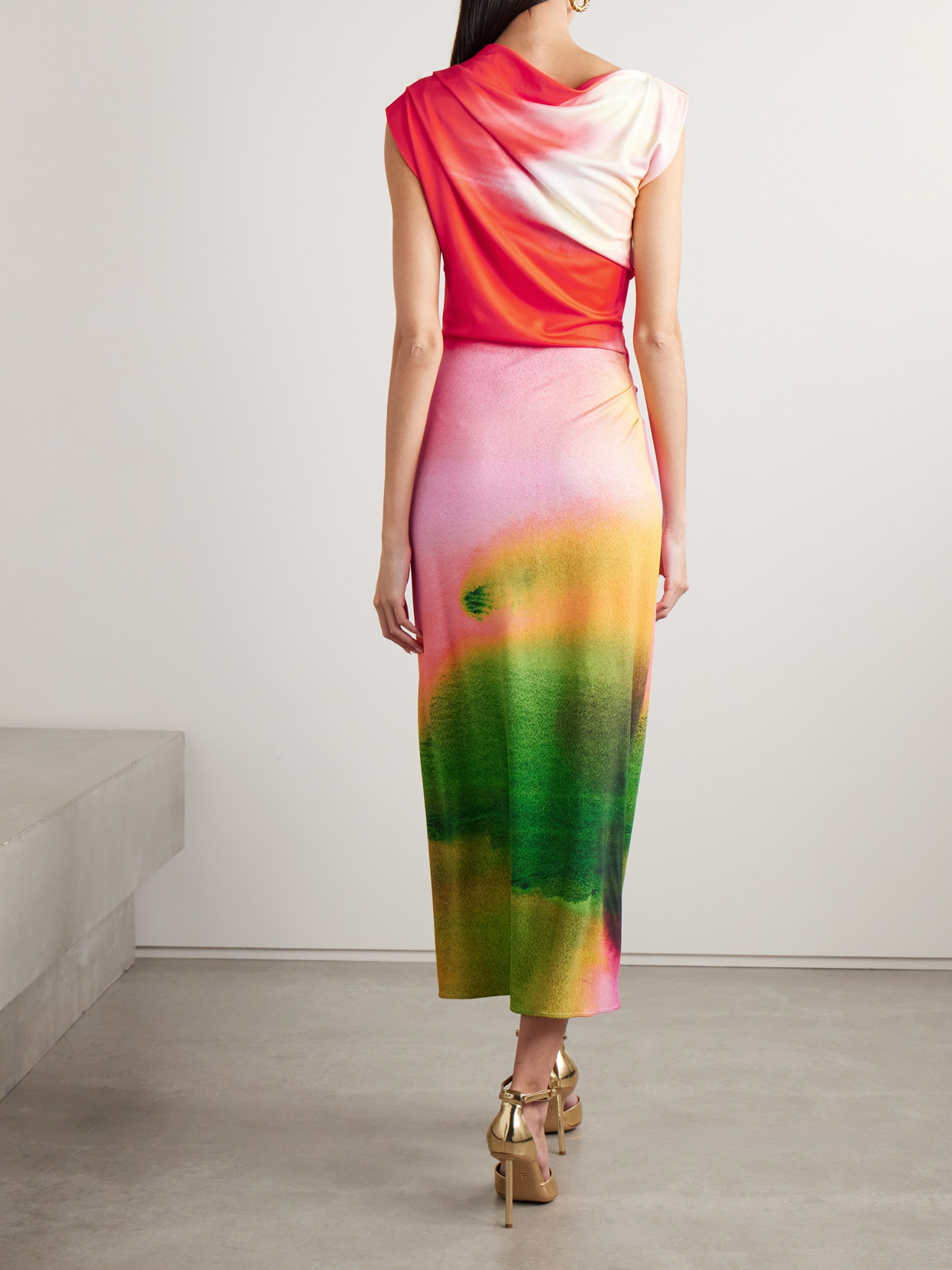 Oscar De La Renta Abstract Watercolor One Shoulder Jersey Midi Dress In Pink