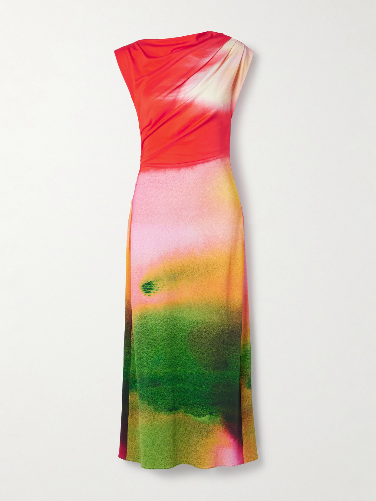 Oscar De La Renta Draped Abstract Watercolor Jersey Dress In Pink