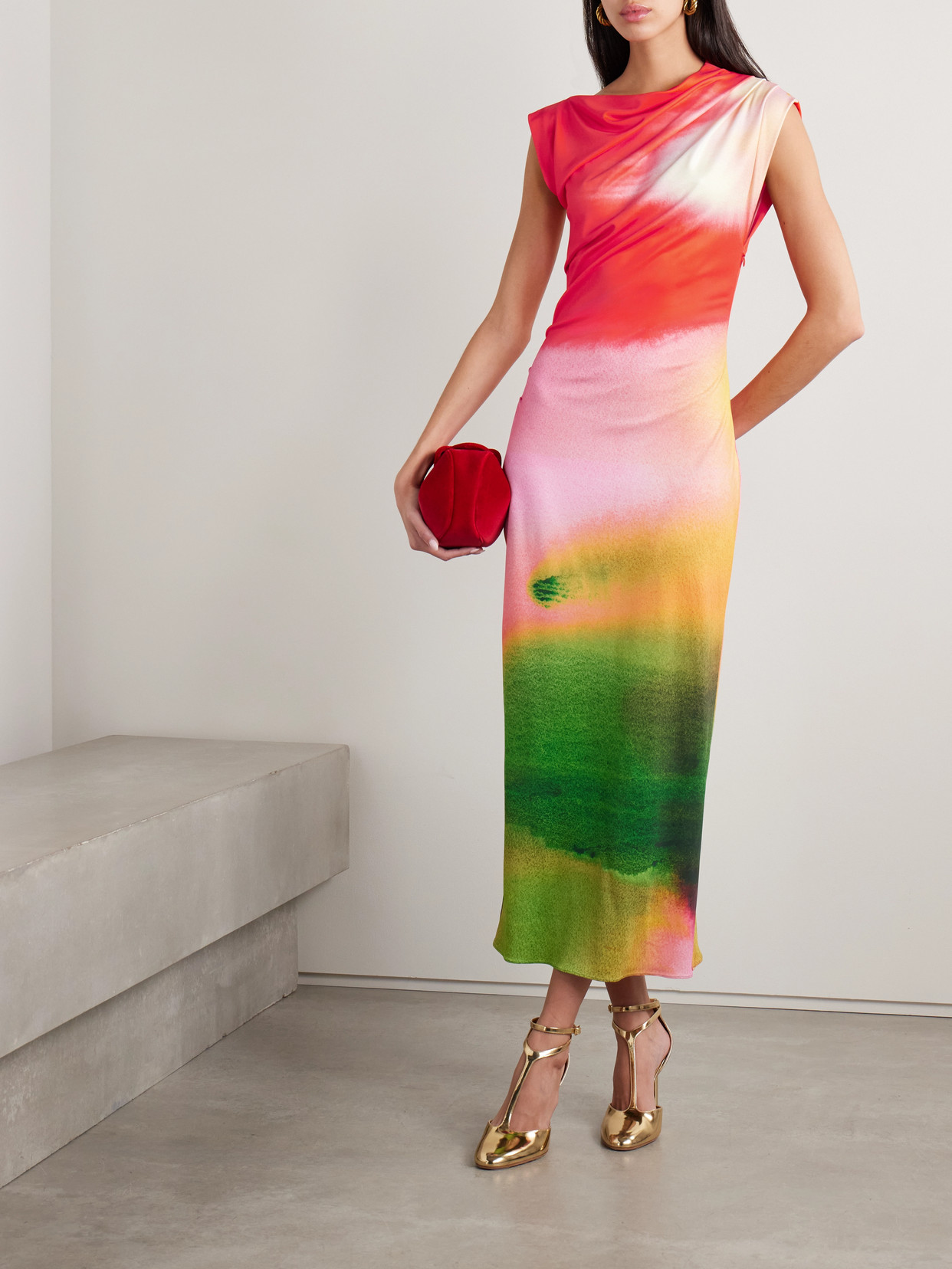 Oscar De La Renta Abstract Watercolor One Shoulder Jersey Midi Dress In Pink