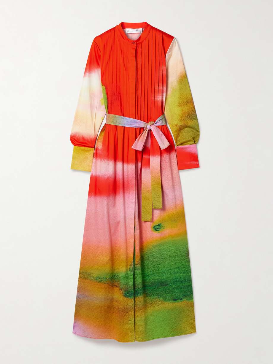 belted pintucked printed cotton-blend poplin maxi dress