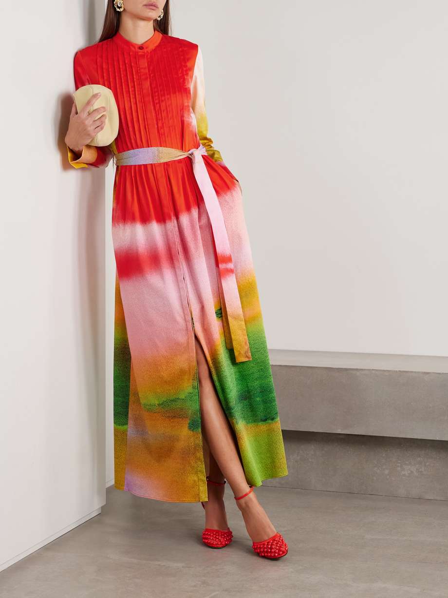 belted pintucked printed cotton-blend poplin maxi dress