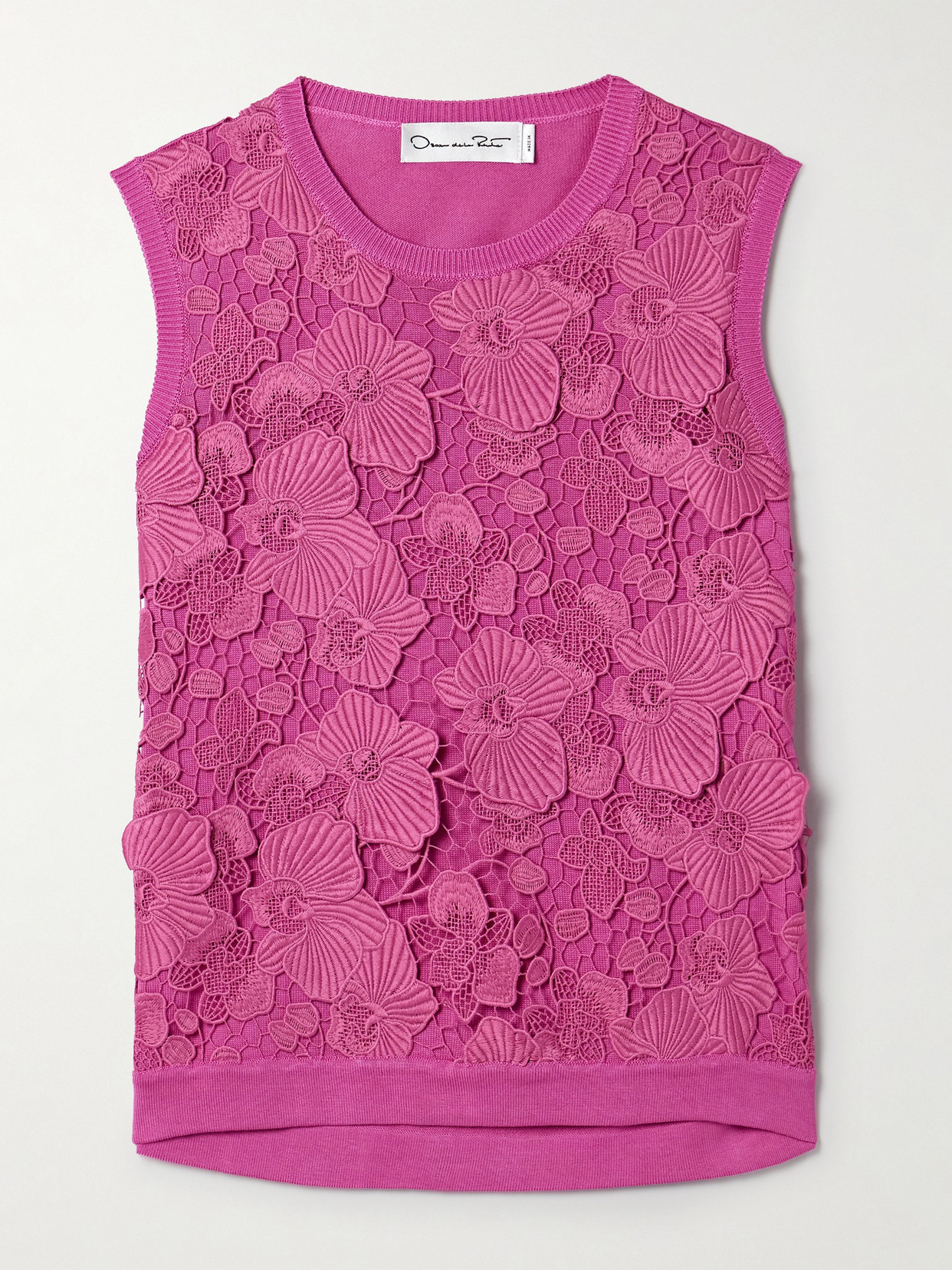 Shop Oscar De La Renta Guipure Lace-paneled Silk-blend Tank In Purple