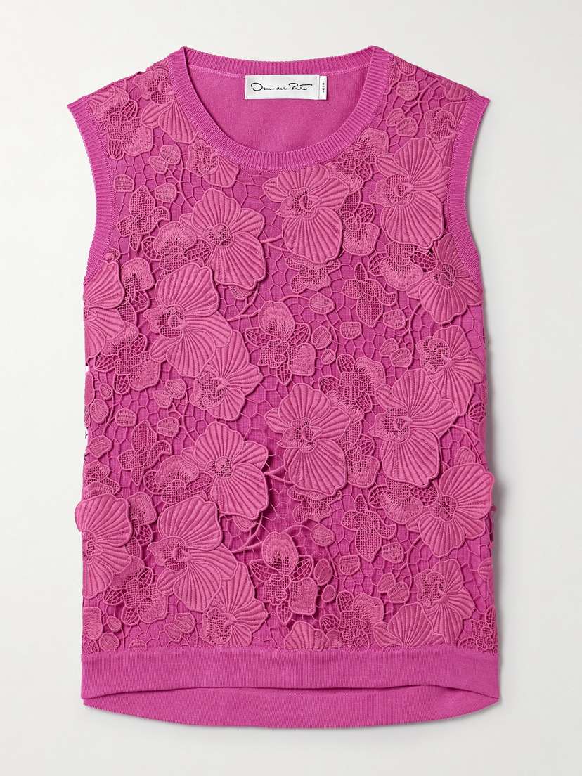 Oscar de la Renta Guipure Lace-paneled Silk-blend Tank